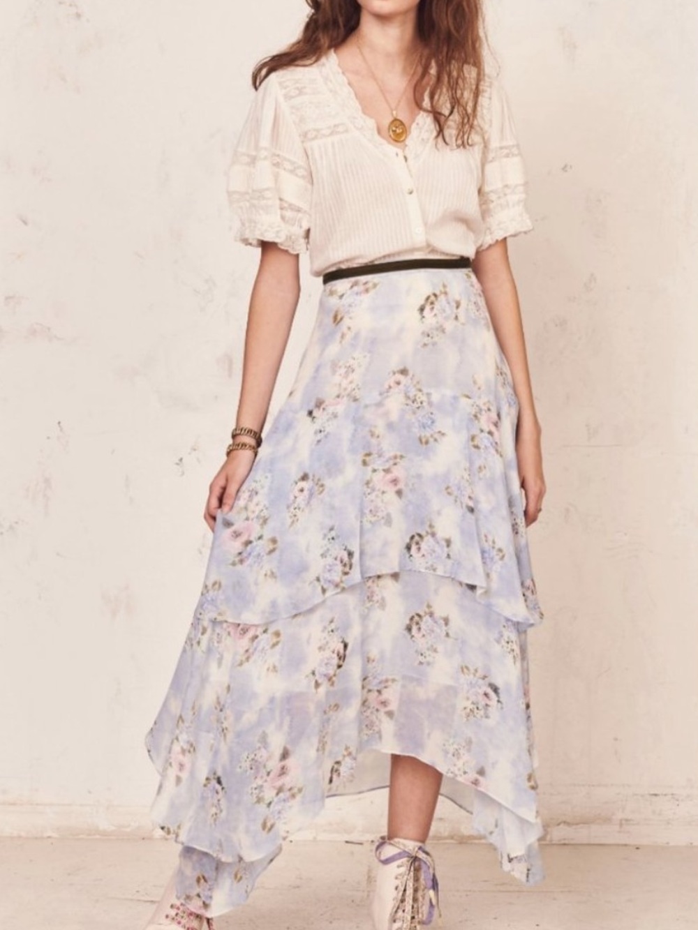 LSF alex silk midi skirt in water petals